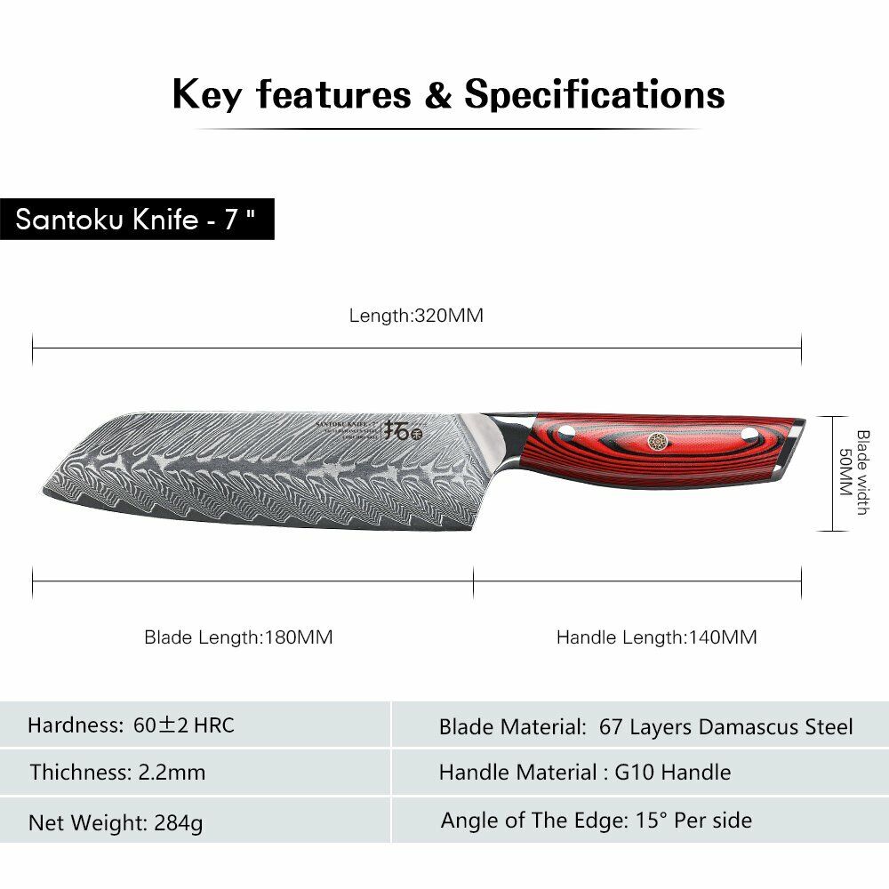 TURWHO 7inch Santoku Knife Japanese VG10 Damascus Steel Kitchen Chopper Knife - Fresh Stock Dated February 2026