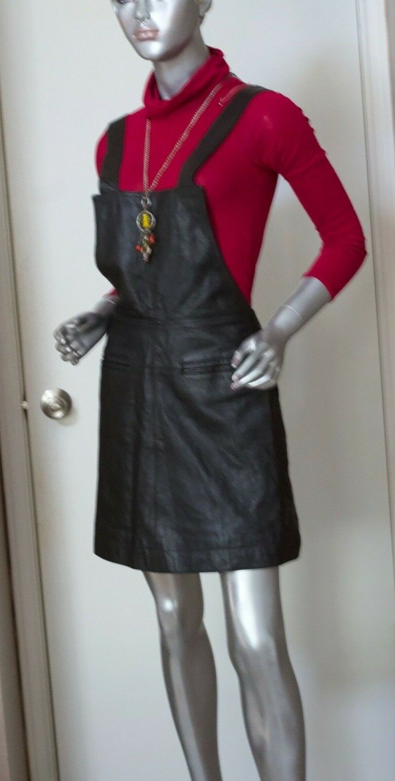 ~Vintage 70s Black Leather Skater Bib Mini Skirt Sz8  Small - Fresh Stock Dated February 2026