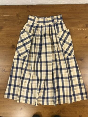 Vintage USA Made Plaid Skirt Pleated Cotton Blue Cream Big Pockets Cottage 27