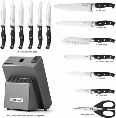 McCook 15pcs Kitchen Knives Cutlery Block Set Stainless Steel Built-in Sharpener - Fresh Stock Dated December 2025