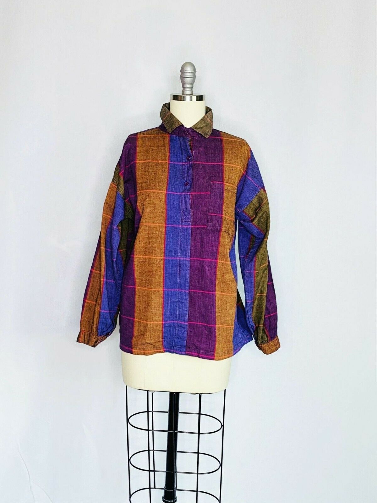 Vintage 80s 2 pc Pleated Skirt Blouse Set Size Small Purple Check Pane Secretary - Fresh Stock Dated February 2026