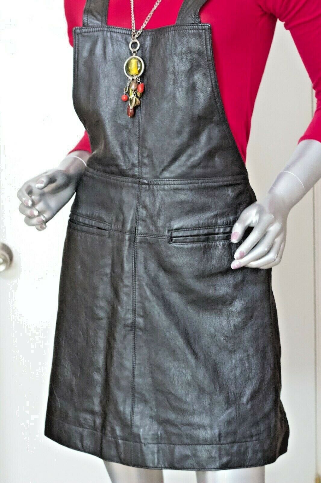 ~Vintage 70s Black Leather Skater Bib Mini Skirt Sz8  Small - Fresh Stock Dated February 2026