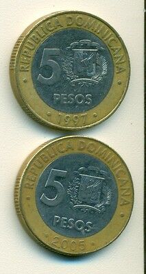 2 BI-METAL 5 PESO COINS from the DOMINICAN REPUBLIC - 1997 & 2005 (2 TYPES) - Fresh Stock Dated December 2025