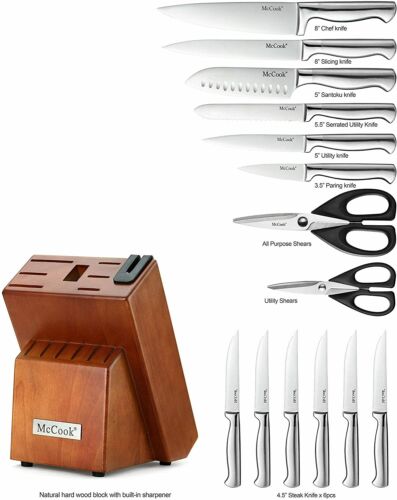McCook MC29 15-Piece Kitchen Cutlery Set Knife Block Set Built-in Sharpener - Fresh Stock Dated December 2025