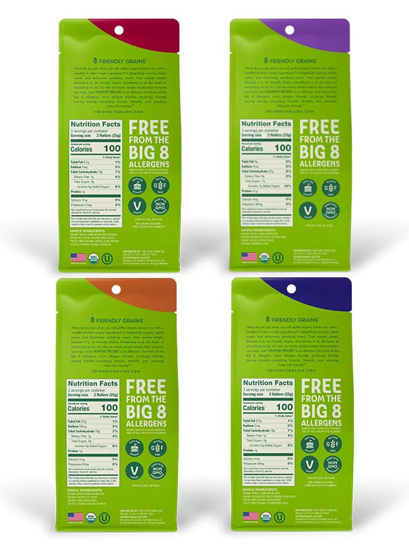 Friendly Grains - Crunchy Rollers - Organic Rice Snacks -Variety, 4 Packs of 6 - Fresh Stock Dated February 2026
