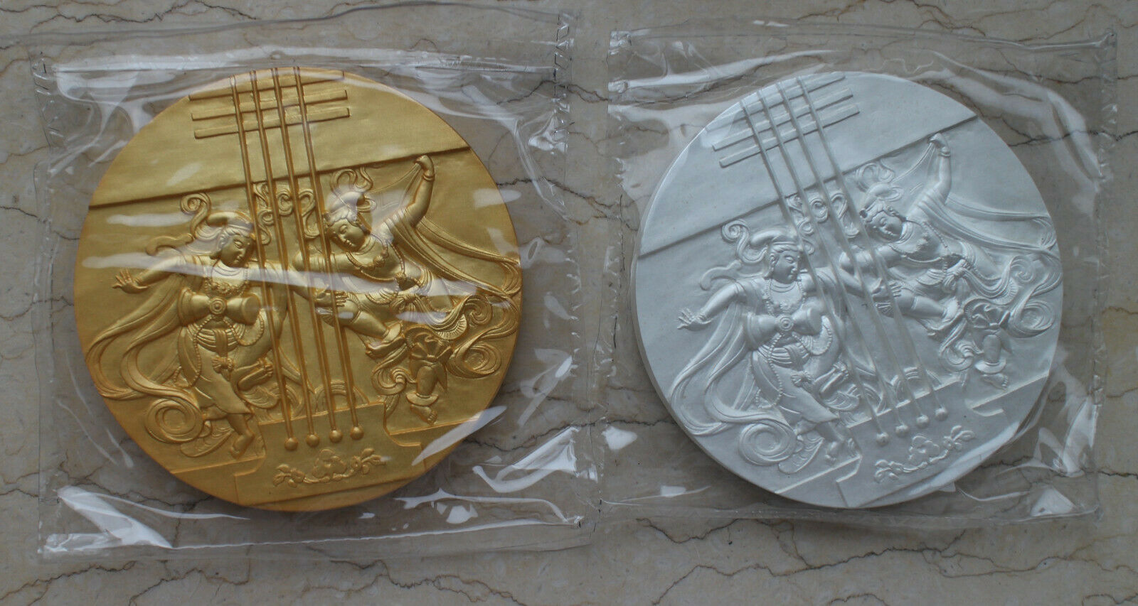 A Pair 2020 China 80mm Gilt & Silvered Copper Medals - Dunhuang Flying Apsaras - Fresh Stock Dated February 2026