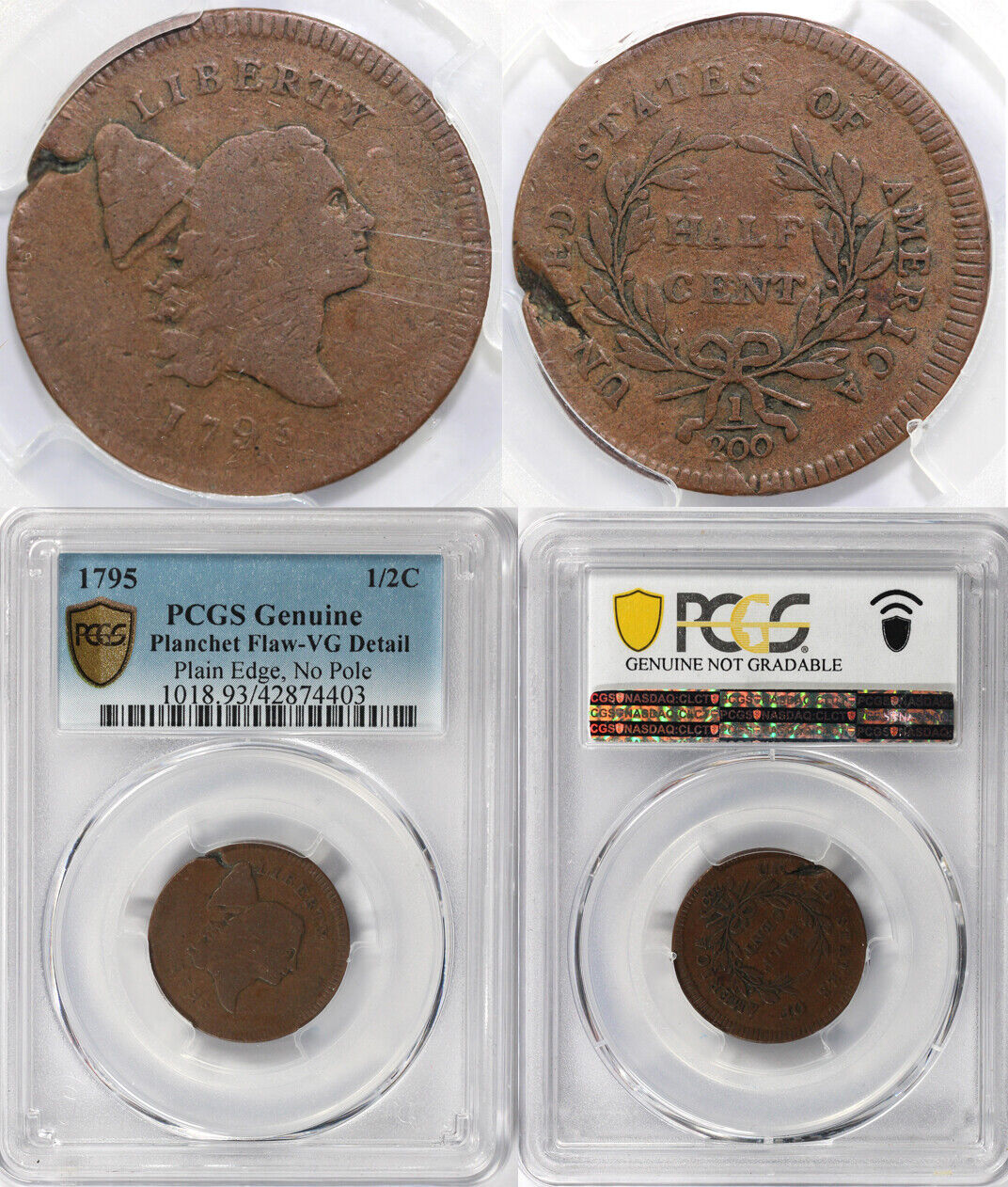 1795 1/2c Plain Edge No Pole Liberty Cap Half Cent PCGS VG DETAIL PLANCHET FLAW - Fresh Stock Dated February 2026