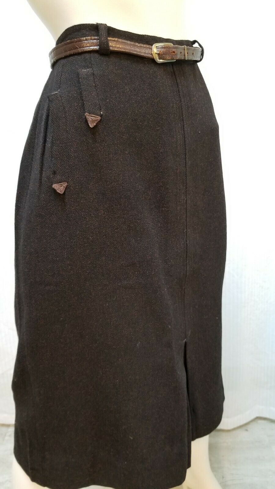 Vintage 50's Brown Wool Pencil SKIRT w/ BELT & Cute Pockets - Waist 30