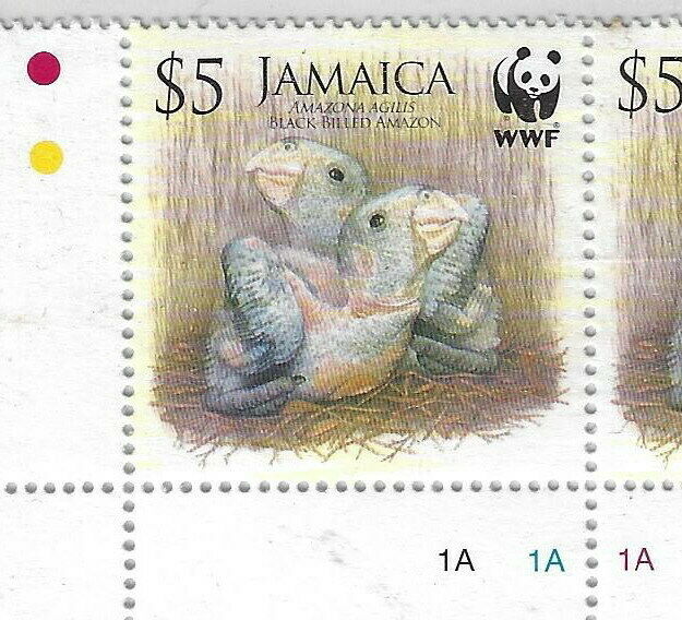 Jamaica, Scott# 1054 color control gutter block. Birds topical.WWF(g280) - Fresh Stock Dated December 2025
