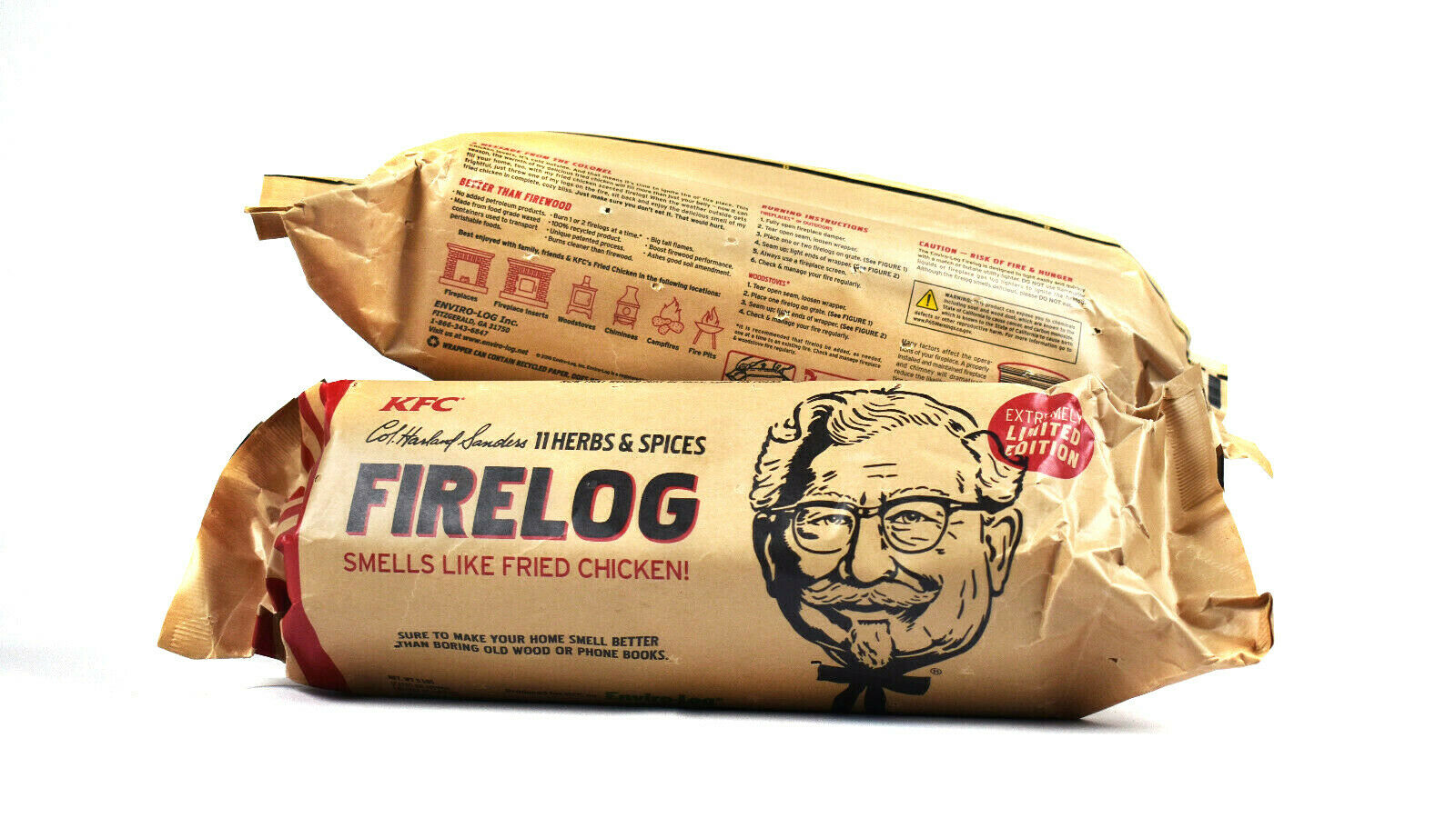 KFC Limited Edition 11 Herbs Spices Firelog LOT OF 2 Enviro-Log Vegan Friendly - Fresh Stock Dated December 2025
