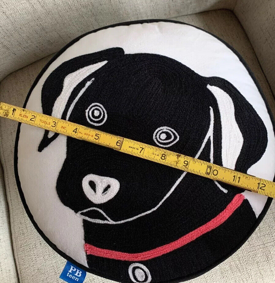 Pottery Barn Teen Throw Pillow Dog Black Lab Round Embroidered Decorative 14