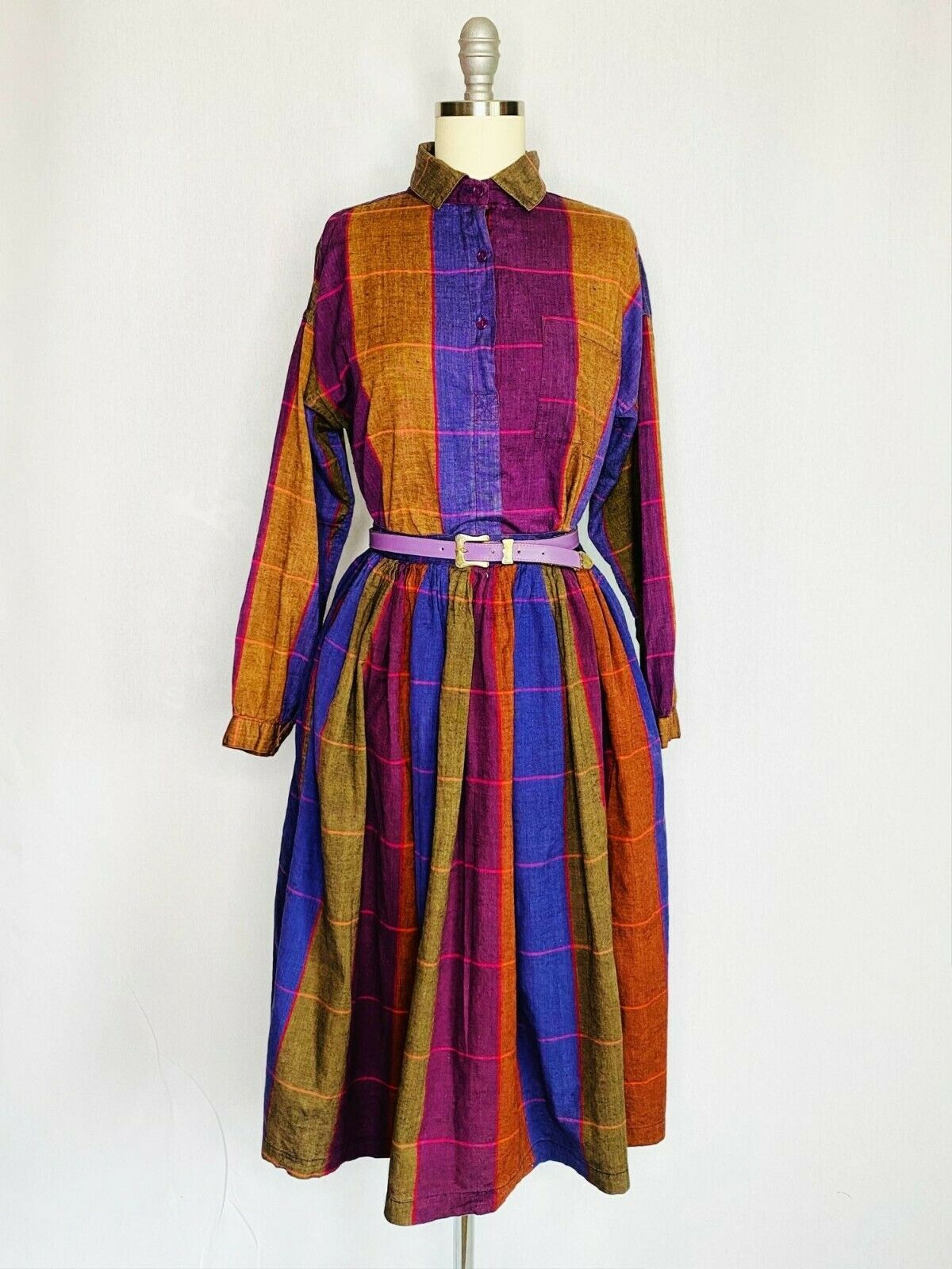 Vintage 80s 2 pc Pleated Skirt Blouse Set Size Small Purple Check Pane Secretary - Fresh Stock Dated February 2026