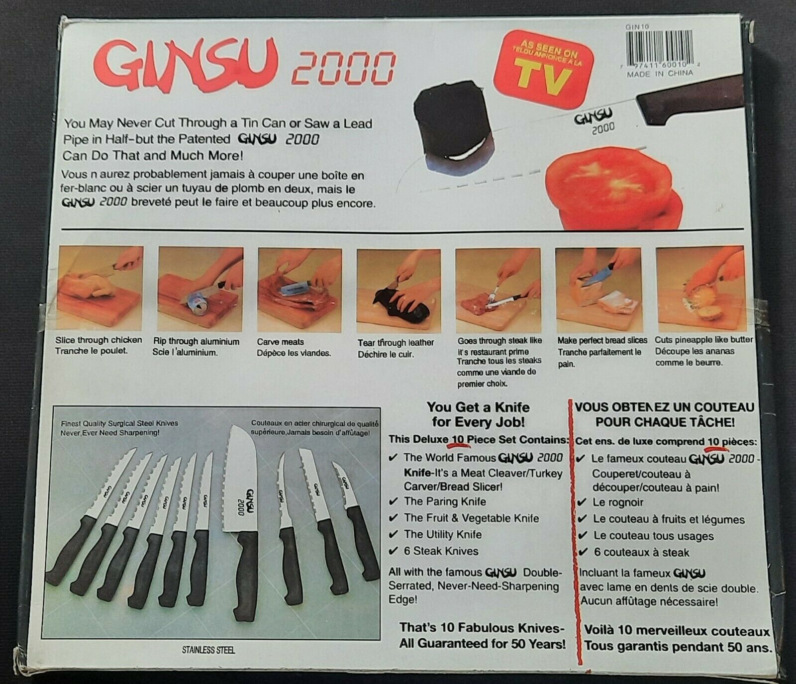 Original Ginsu 2000 Knives Stainless Steel 10 Pc Set As Seen on TV w Box-VINTAGE - Fresh Stock Dated January 2026