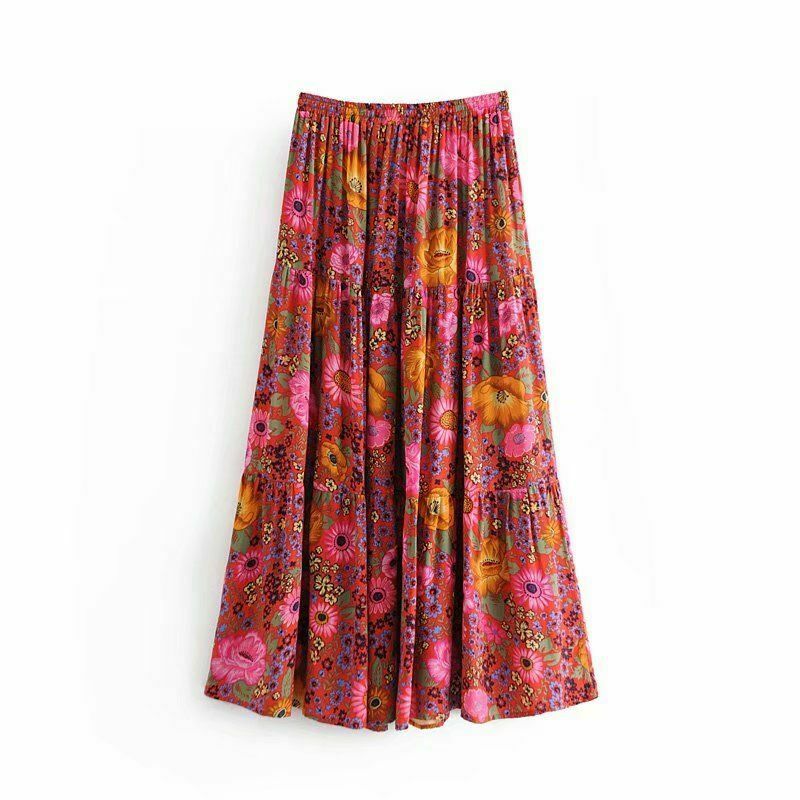 Women Vintage Skirt Beach Bohemian Floral Print Hippie High Elastic Waist Maxi - Fresh Stock Dated February 2026