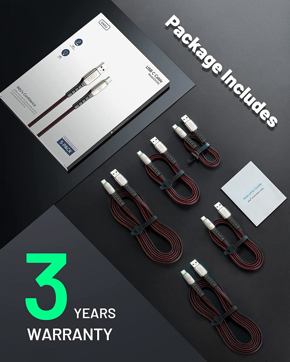 USB Type C Cable, [5 Pack 3.1A] Quick QC3.0 Fast Charging C Black - Fresh Stock Dated February 2026