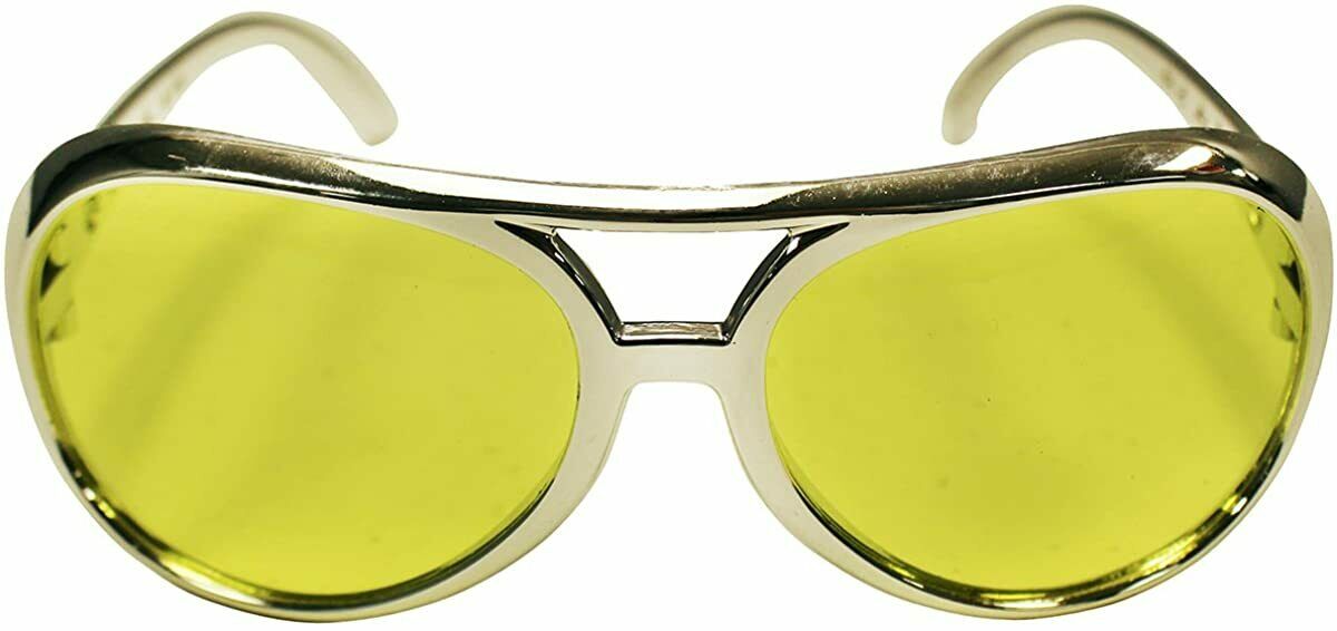 Yellow Lens Silver Frame Elvis Aviator Rocker Glasses Sunglasses - Fresh Stock Dated February 2026