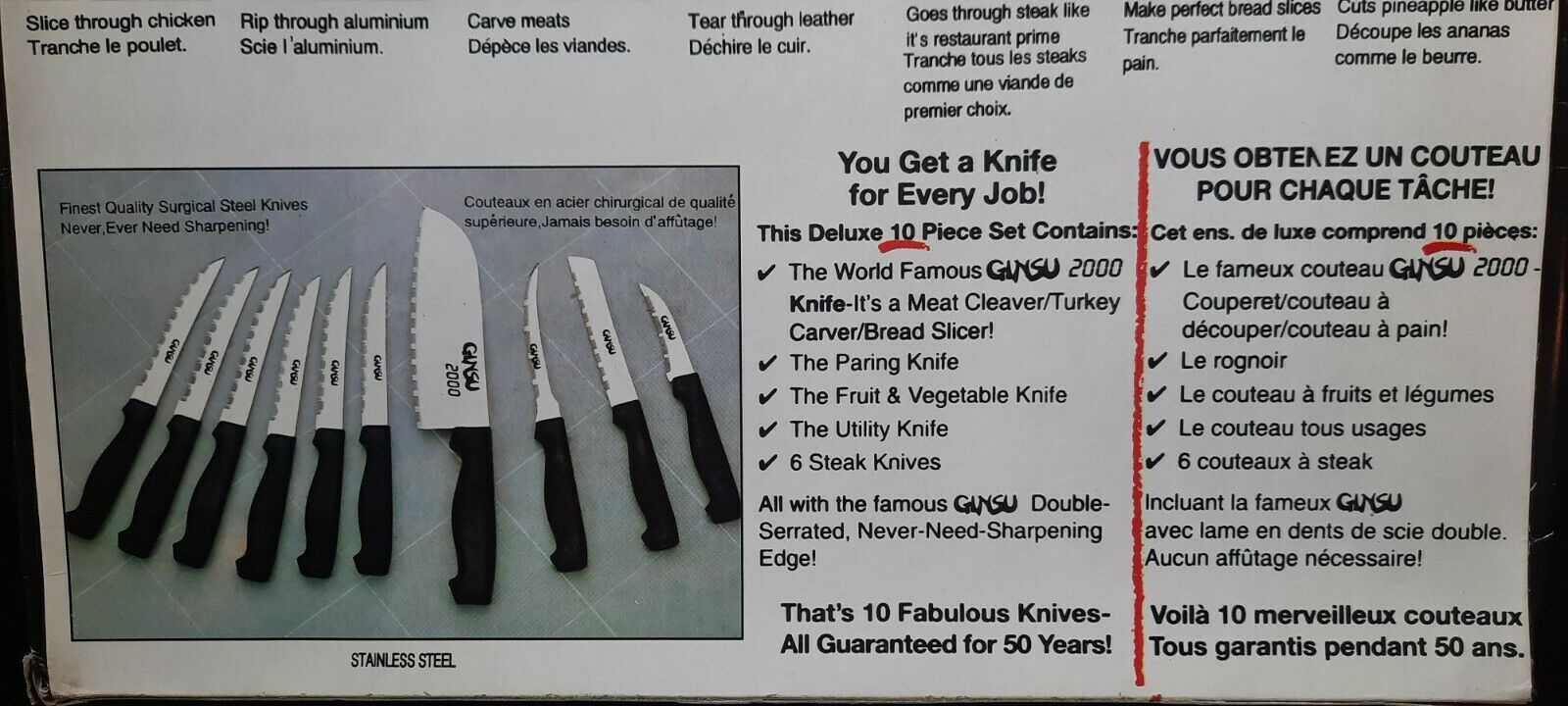 Original Ginsu 2000 Knives Stainless Steel 10 Pc Set As Seen on TV w Box-VINTAGE - Fresh Stock Dated January 2026