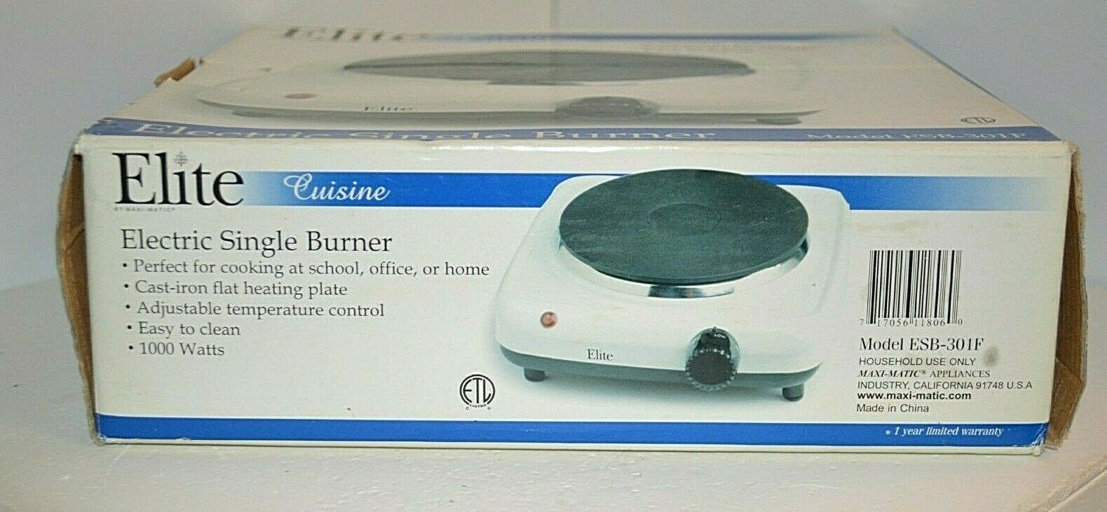 Single Electric Flat Cast Iron Elite Cuisine Heating Plate Burner 1000 W White - Fresh Stock Dated February 2026