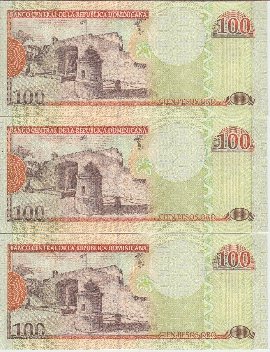 DOMINICAN REPUBLIC BANKNOTE P. 171c 100 PESOS 2002 SERIAL # DH 000087/88/89, UNC - Fresh Stock Dated December 2025