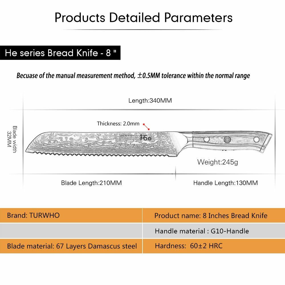 TURWHO 8'' Bread Knife Japanese VG10 Damascus Steel Serrated Sandwich Knives - Fresh Stock Dated February 2026