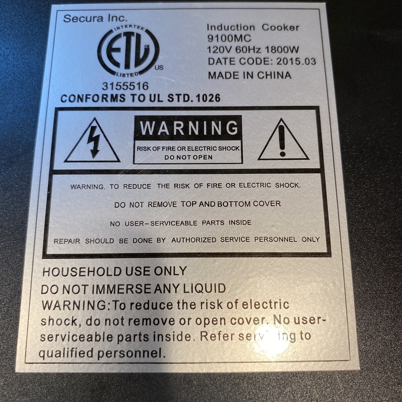 1800W Portable Induction Cooktop Countertop Burner, Black 9100MC TESTED!! - Fresh Stock Dated February 2026