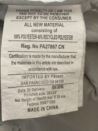 2  Pottery Barn Teen Ruched Euro Sham Gray Grey Quilted 26x26 - Fresh Stock Dated December 2025