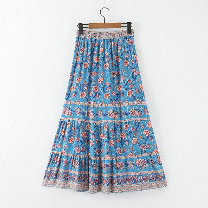 Women Vintage Bohemian Skirt Floral Print Summer Beach High Elastic Waist Maxi - Fresh Stock Dated February 2026