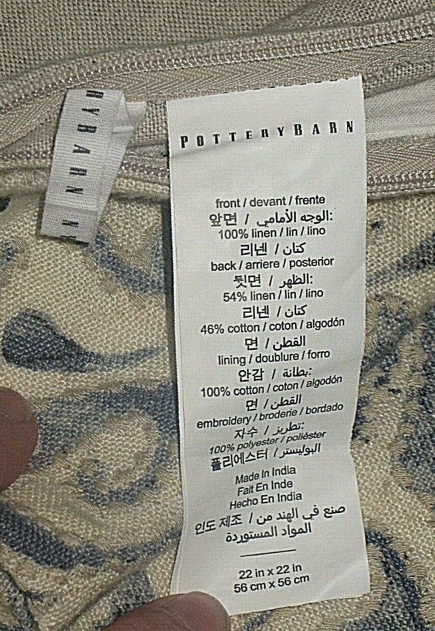 POTTERY BARN BEIGE BLUE LINEN EMBROIDERED 22