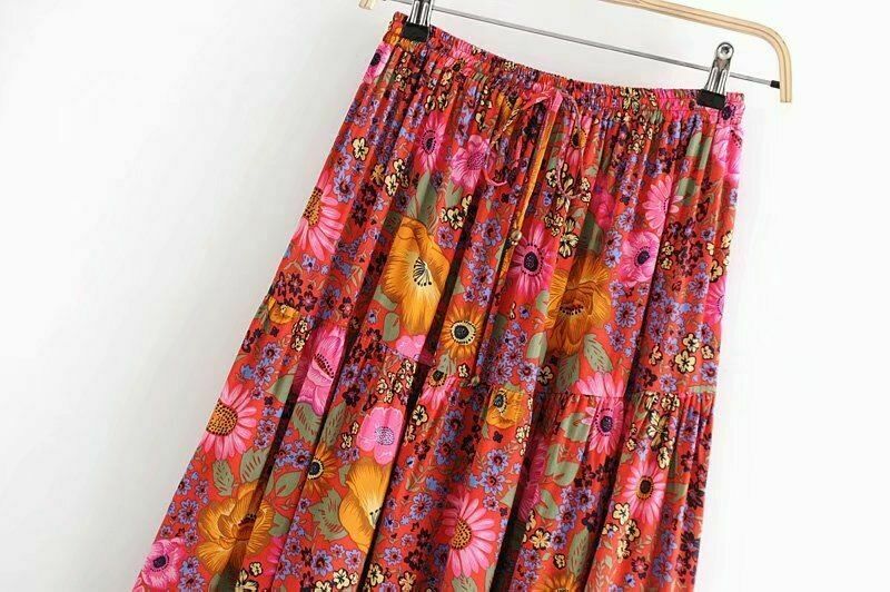 Women Vintage Skirt Beach Bohemian Floral Print Hippie High Elastic Waist Maxi - Fresh Stock Dated February 2026