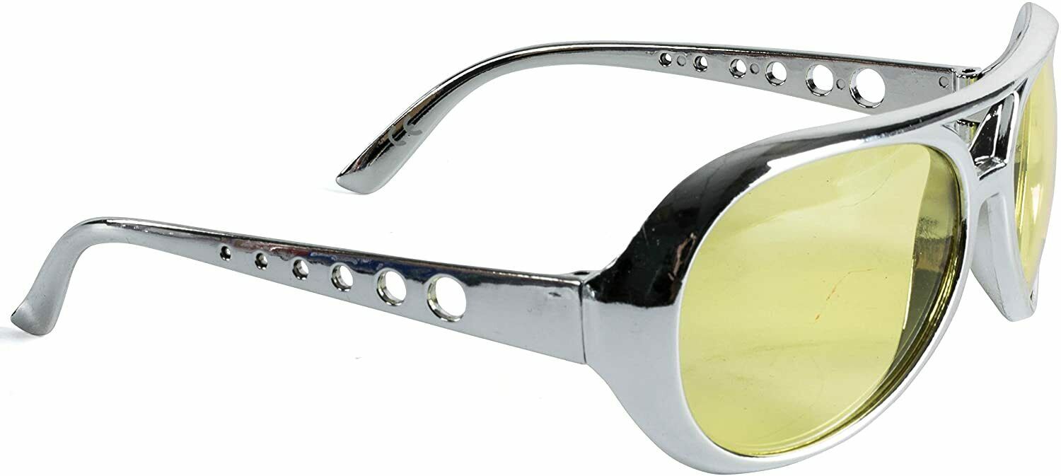 Yellow Lens Silver Frame Elvis Aviator Rocker Glasses Sunglasses - Fresh Stock Dated February 2026