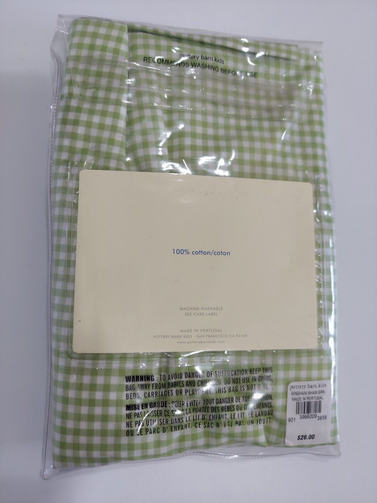New Pottery Barn Kids Green White Check Gingham Standard Pillow Sham Case cover - Fresh Stock Dated February 2026