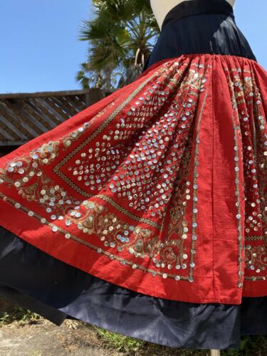 Vintage 1950s Cotton Full Skirt Sequined Red Black Skirt - Fresh Stock Dated February 2026