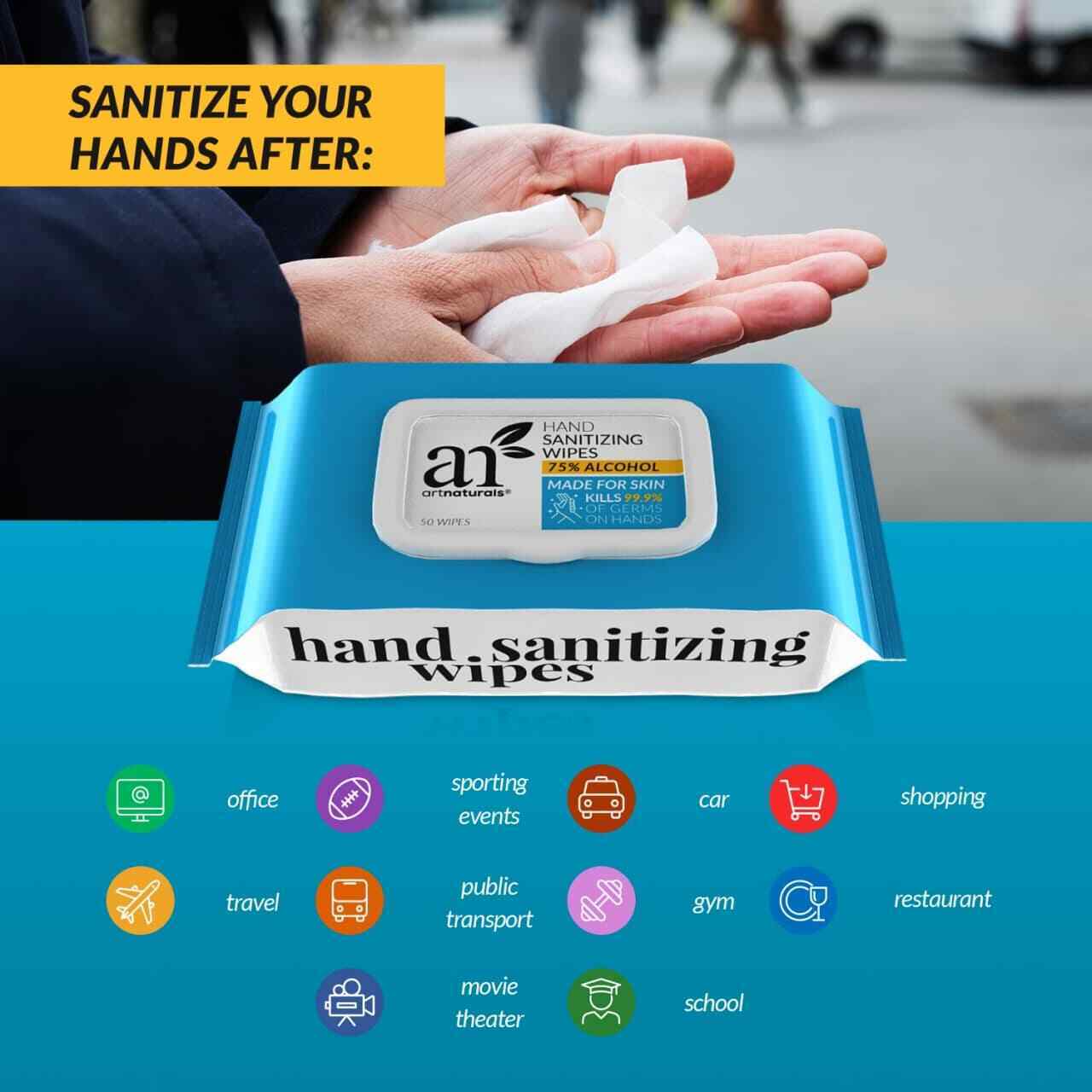 Artnaturals Hand Sanitizing Wipes 75% Alcohol-Based - Unscented - Fresh Stock Dated February 2026
