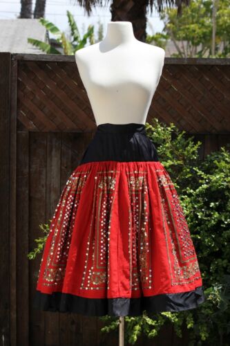 Vintage 1950s Cotton Full Skirt Sequined Red Black Skirt - Fresh Stock Dated February 2026