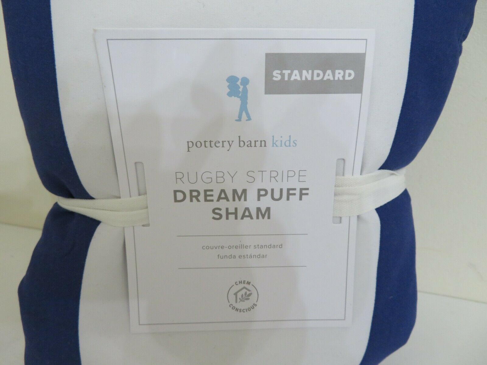 POTTERY BARN KIDS RUGBY STRIPE DREAM PUFF PILLOW SHAM STANDARD NAVY BLUE - Fresh Stock Dated December 2025