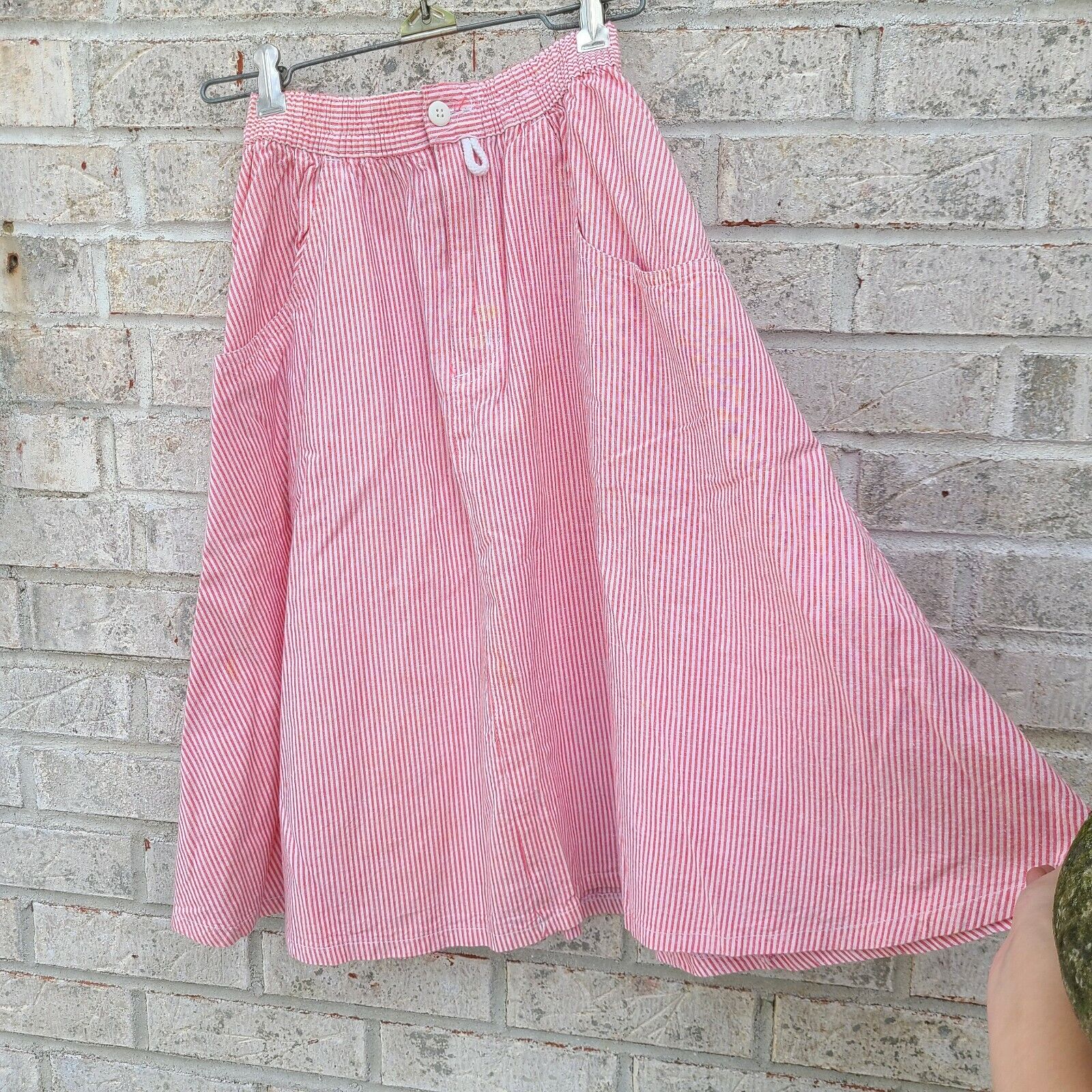 1980s Does 30s Vintage Pin Striped Candy Striped Pink White Skirt Elastic Waist - Fresh Stock Dated March 2026