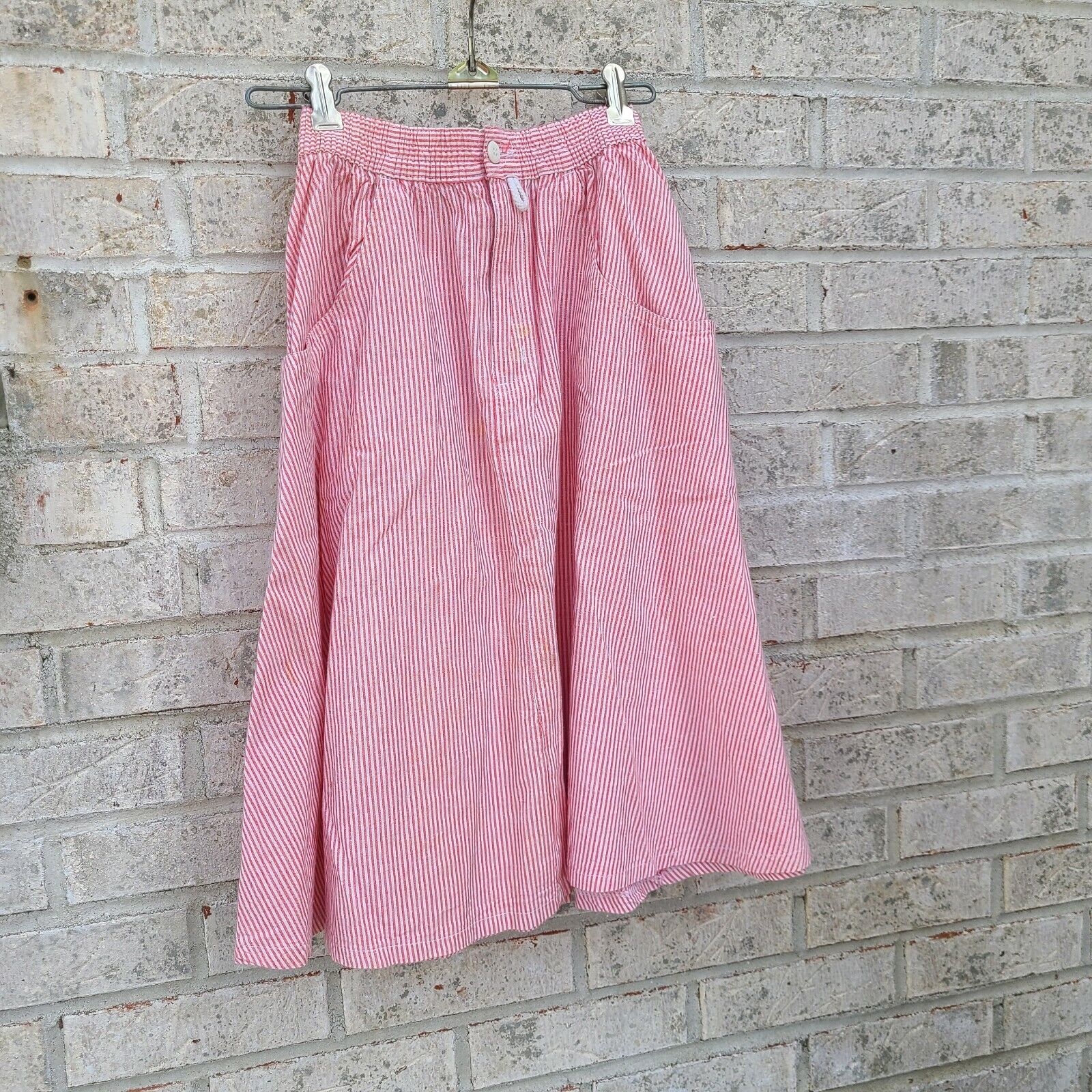 1980s Does 30s Vintage Pin Striped Candy Striped Pink White Skirt Elastic Waist - Fresh Stock Dated March 2026