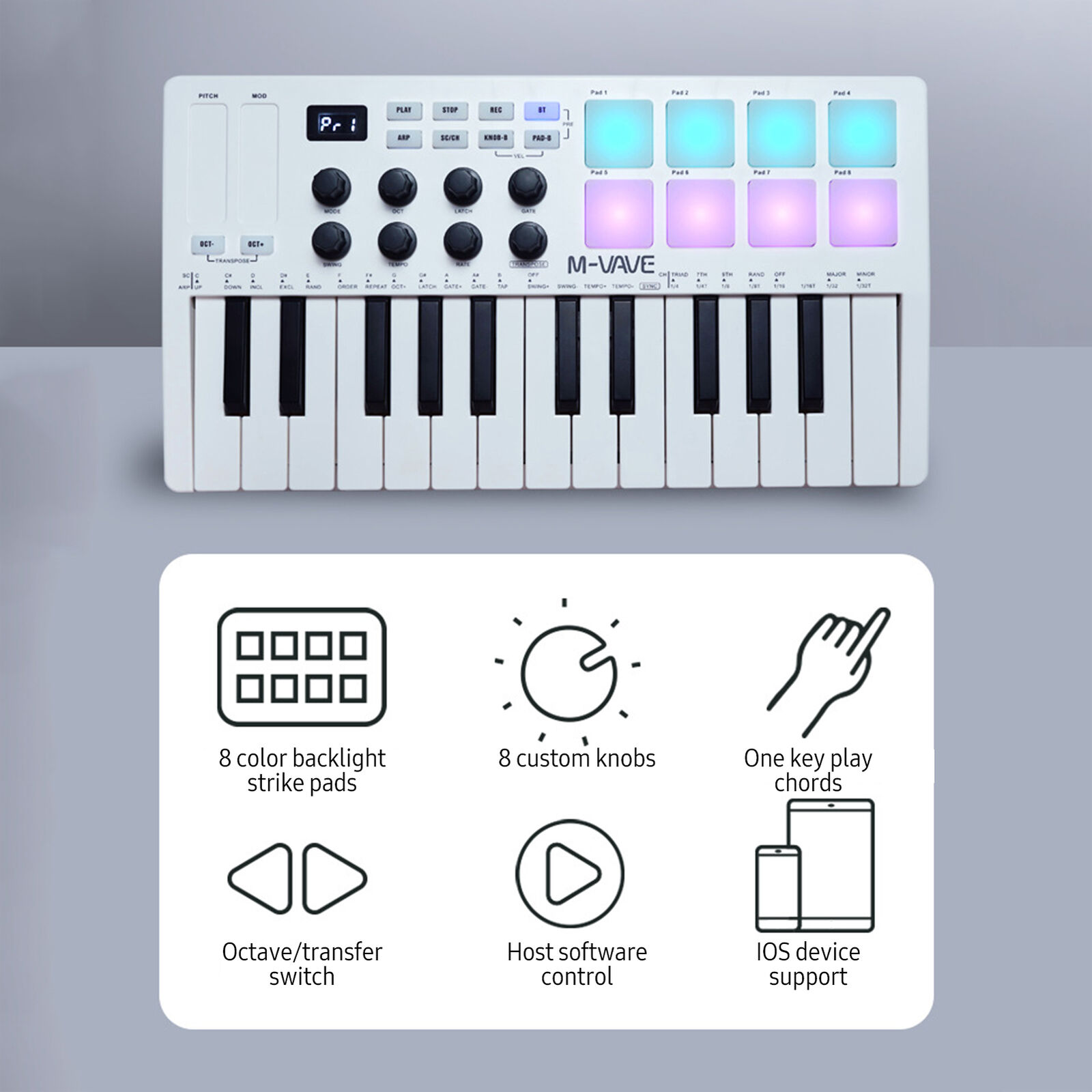 M-WAVE 25 Key USB MIDI Keyboard Controller with 8 Backlit Drum Pads 8 Knobs R1W3 - Fresh Stock Dated February 2026