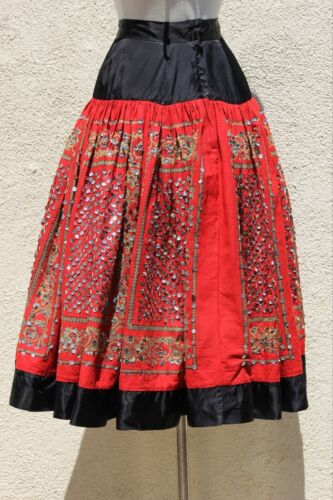 Vintage 1950s Cotton Full Skirt Sequined Red Black Skirt - Fresh Stock Dated February 2026