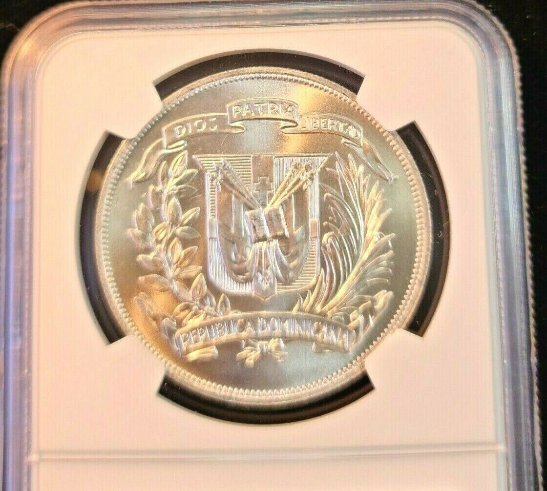 1974 DOMINICAN REPUBLIC SILVER 1 PESO CENTRAL AMERICAN GAMES NGC MS 65 GEM BU - Fresh Stock Dated February 2026