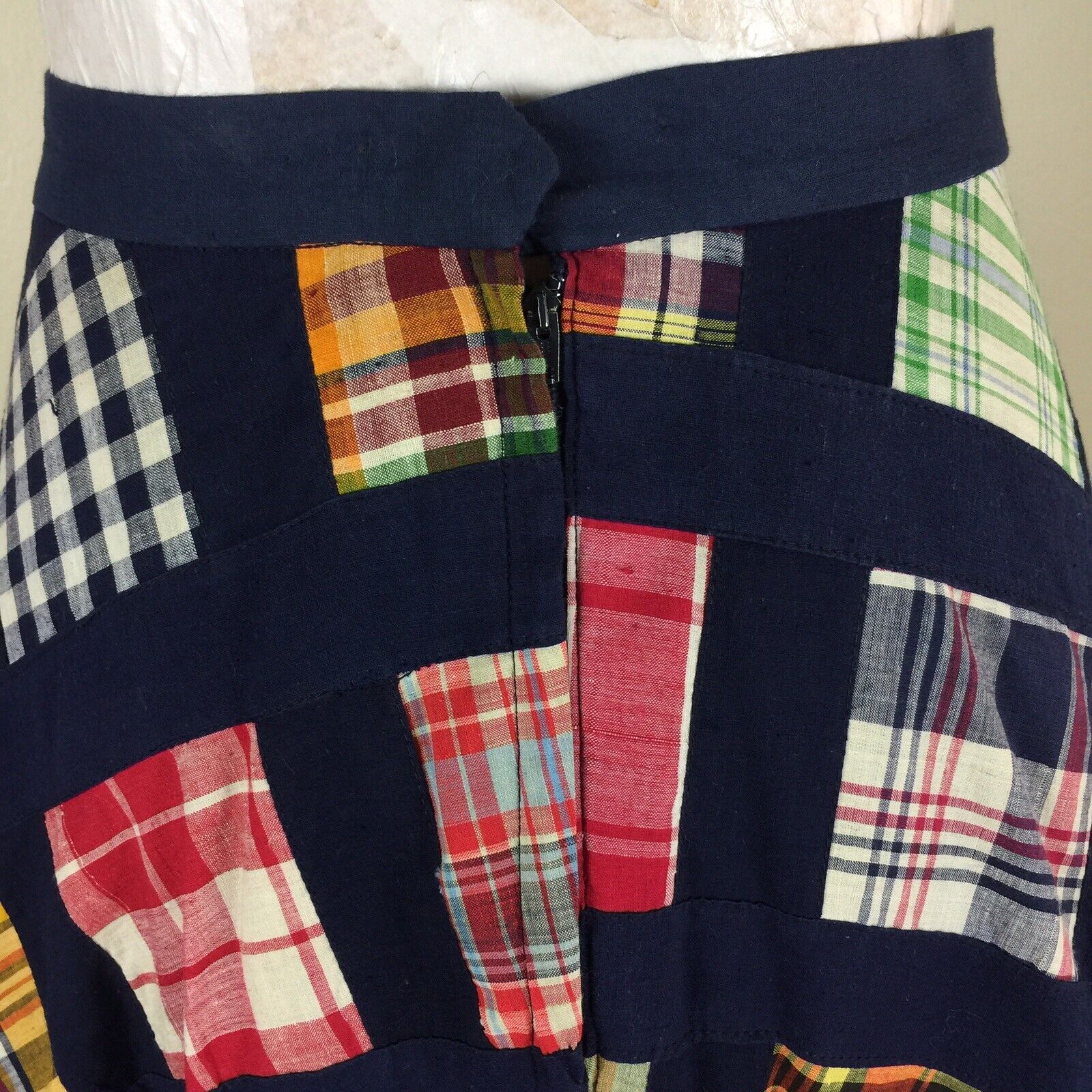 Vintage Patchwork Maxi Circle Skirt size M Plaids Checks Navy waist 28 length 44 - Fresh Stock Dated March 2026