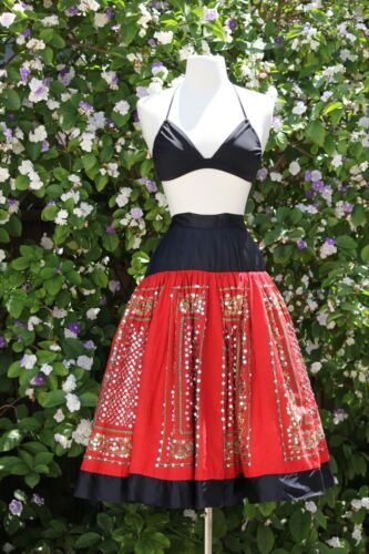 Vintage 1950s Cotton Full Skirt Sequined Red Black Skirt - Fresh Stock Dated February 2026