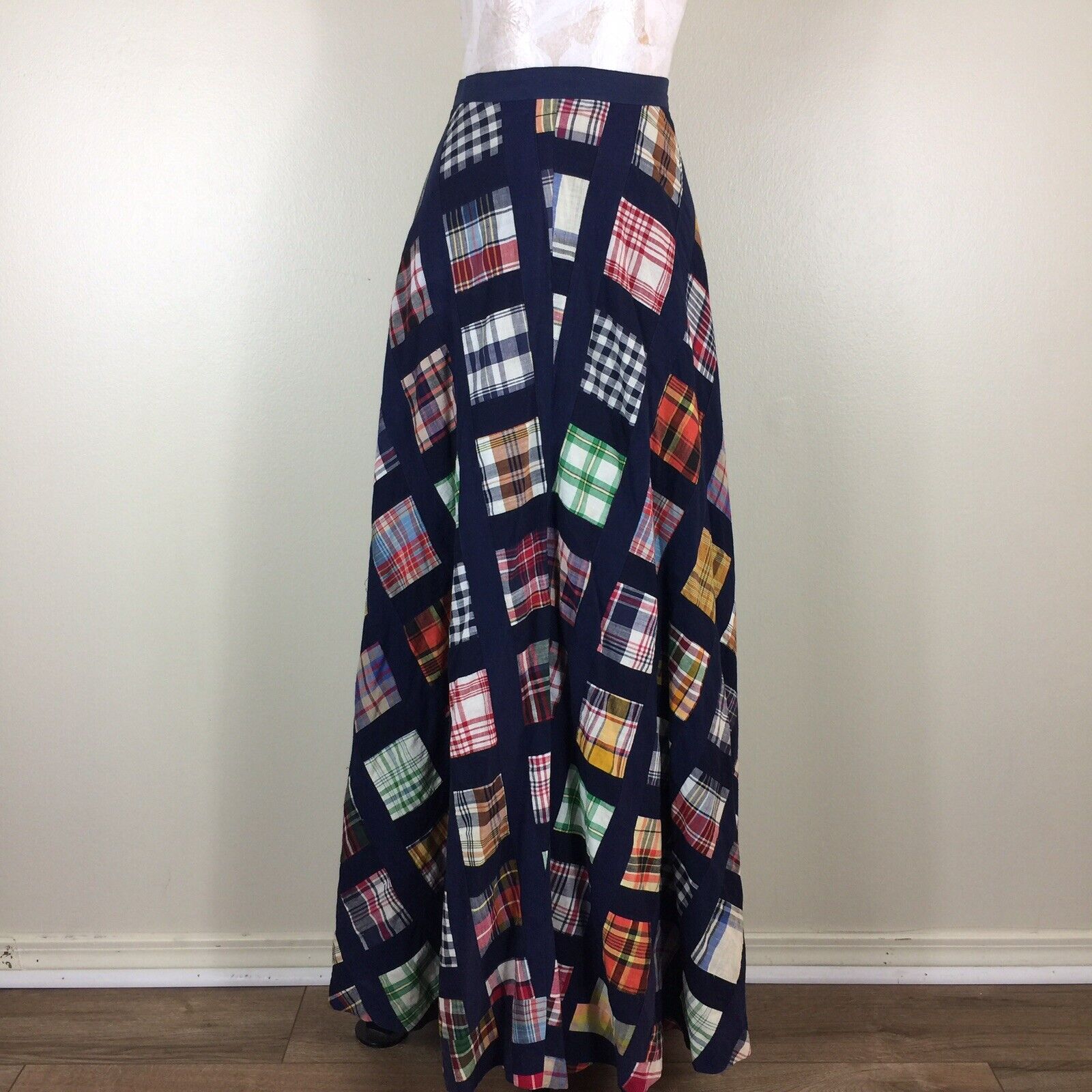 Vintage Patchwork Maxi Circle Skirt size M Plaids Checks Navy waist 28 length 44 - Fresh Stock Dated March 2026