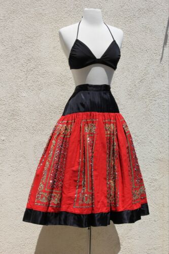 Vintage 1950s Cotton Full Skirt Sequined Red Black Skirt - Fresh Stock Dated February 2026