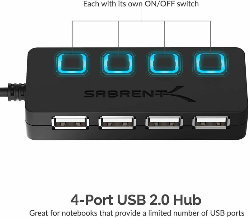 Sabrent 4-Port USB 2.0 Hub + 22AWG 3 Feet 3.0 Extension Cable - Fresh Stock Dated February 2026