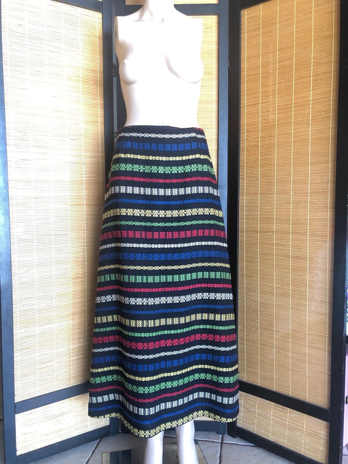 Vintage 1970s Black Linen Mulitcolor Embroidered Stripes Long Maxi Skirt S/M - Fresh Stock Dated March 2026