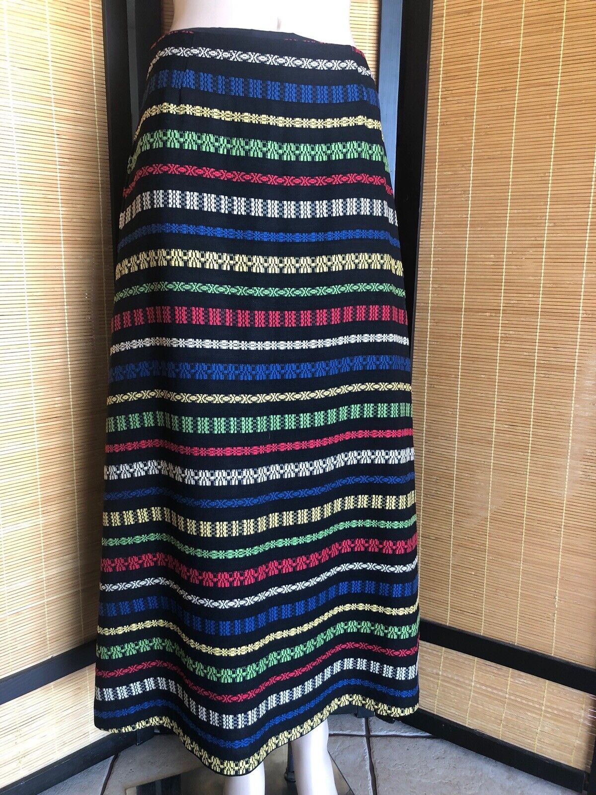 Vintage 1970s Black Linen Mulitcolor Embroidered Stripes Long Maxi Skirt S/M - Fresh Stock Dated March 2026