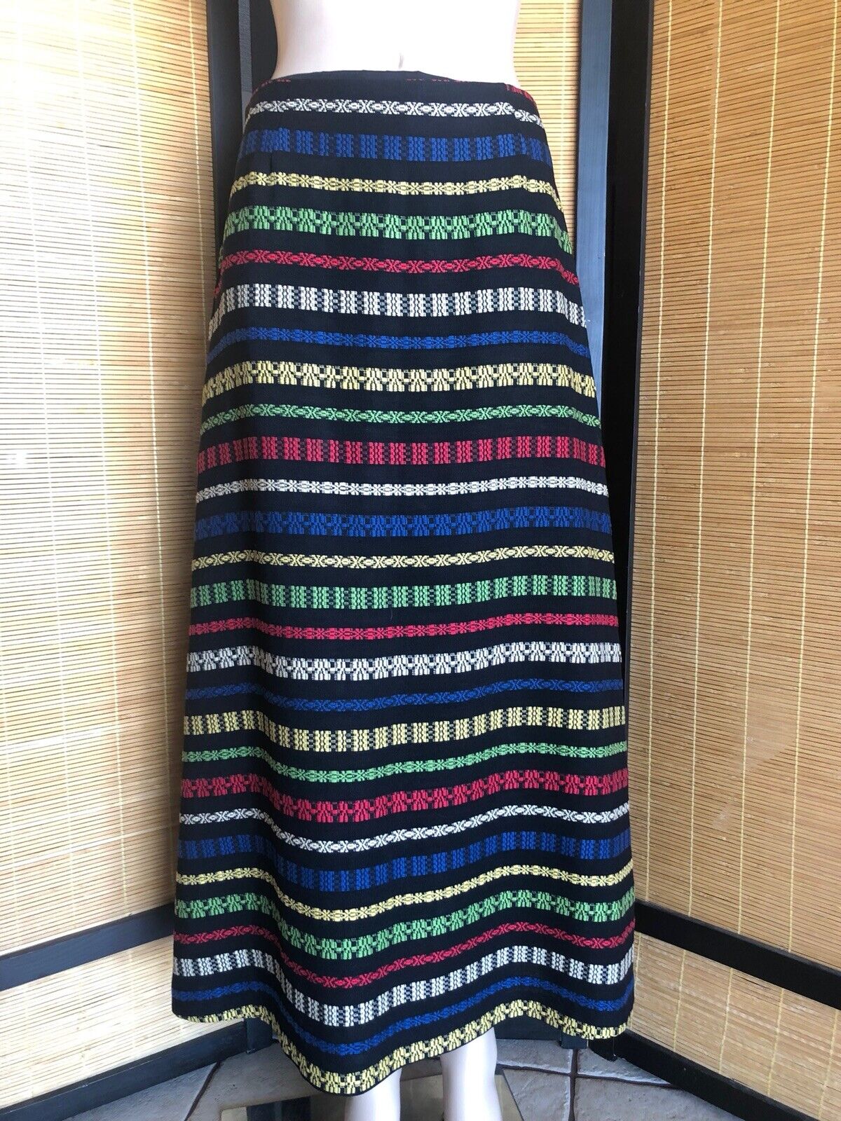 Vintage 1970s Black Linen Mulitcolor Embroidered Stripes Long Maxi Skirt S/M - Fresh Stock Dated March 2026