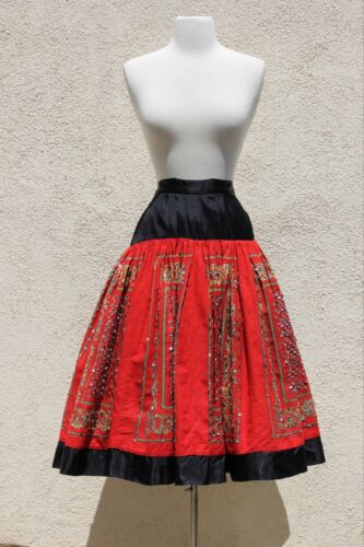 Vintage 1950s Cotton Full Skirt Sequined Red Black Skirt - Fresh Stock Dated February 2026
