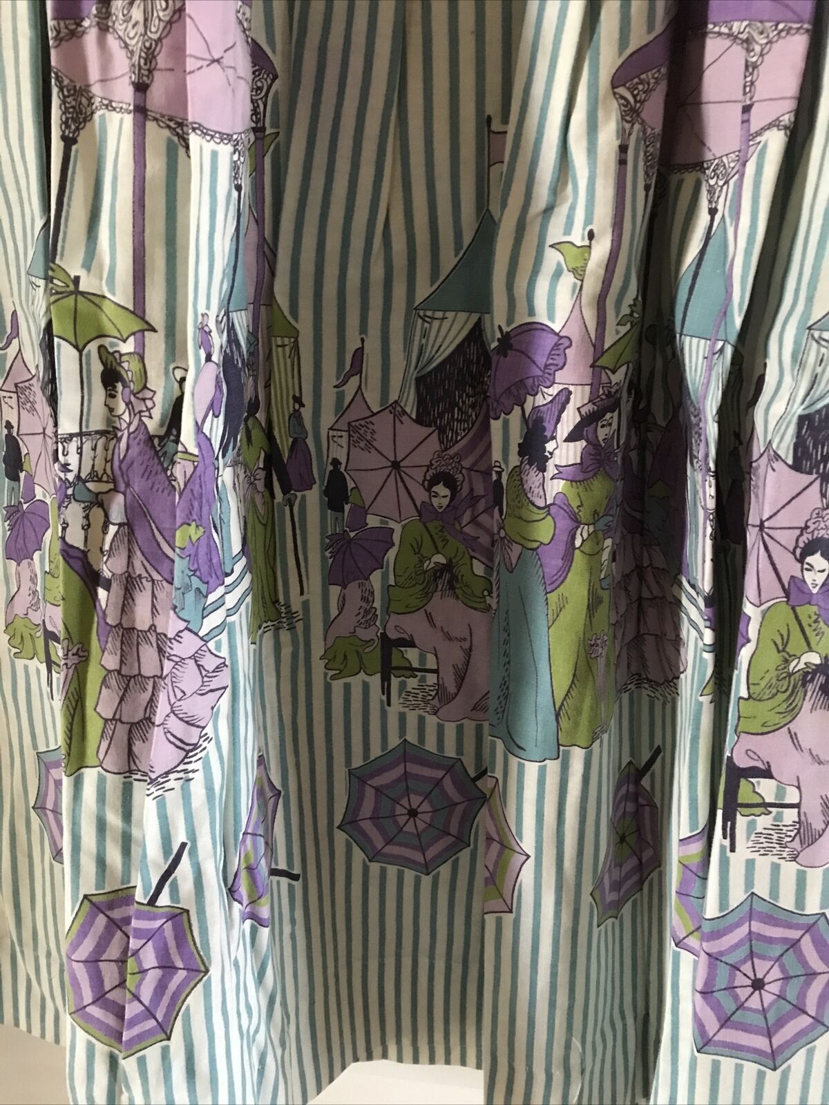 1950s Novelty Print Graff Full Skirt Blue Stripe Victorian Park Scene - Fresh Stock Dated March 2026